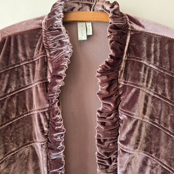 Sahalie Purple Velvet Open Front Cardigan Ruffle Seam Long Sleeved Fairy Boho M - Picture 3 of 7